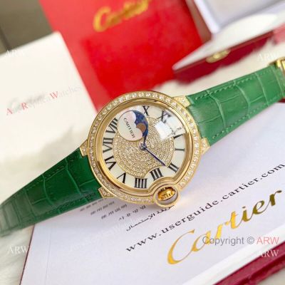 Ballon Bleu de Cartier 36mm Replica Watches Gold Diamond Green Leather Band